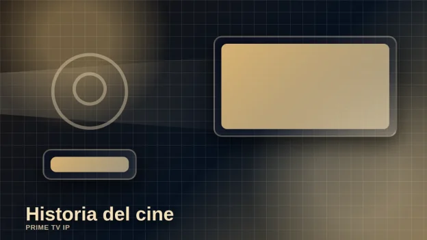 Ilustración editorial de historia del cine con proyector clásico, película y sala de cine
